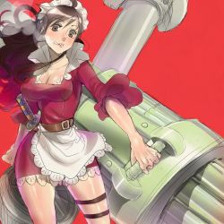 Rule 34 | 1girl, baby 5, cigarette, cinnamon (sweetest-ariess), gun, highres, maid, one piece, red background, smoking, solo, weapon