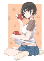 Rule 34 | 1girl, :t, absurdres, amu (258shin), apple, ass, beige legwear, black hair, blush, breasts, brown eyes, butt crack, closed mouth, commentary request, denim, denim shorts, eating, food, food on face, from behind, from side, fruit, highres, holding, holding food, holding fruit, leaf, looking at viewer, looking back, medium breasts, no shoes, original, outside border, raglan sleeves, shirt, shirt carry, short hair, short sleeves, shorts, sitting, socks, solo, wariza