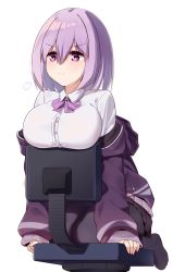 Rule 34 | 10s, 1girl, black pantyhose, blush, bow, bowtie, breast rest, breasts, collared shirt, commentary, ddt (darktrident), gridman universe, hair between eyes, highres, jacket, kneeling, large breasts, light purple hair, long sleeves, off shoulder, on chair, pantyhose, partially unzipped, pout, purple bow, purple bowtie, purple eyes, purple hair, purple jacket, shinjou akane, shirt, short hair, simple background, sleeves past wrists, solo, ssss.gridman, uniform, white background, white shirt, wing collar