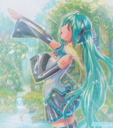 Rule 34 | 1girl, animal, animal on shoulder, aqua hair, artist name, bird, bird on shoulder, detached sleeves, closed eyes, hand on own chest, hatsune miku, headset, long hair, mayo riyo, music, open mouth, outstretched arm, singing, skirt, solo, sparkle, thighhighs, traditional media, very long hair, vocaloid, water, waterfall