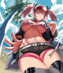 Rule 34 | 1girl, :q, azur lane, backlighting, beach, belt, bikini, bikini under clothes, black shorts, blue jacket, blue sky, breasts, bremerton (azur lane), buckle, cleavage, cloud, collarbone, commentary request, cowboy shot, crop top, crop top overhang, day, ear piercing, enryuu (rmxs3488), eyewear on head, from below, front-tie bikini top, front-tie top, grey belt, grey hair, grey thighhighs, groin, hair between eyes, hair intakes, hair ornament, highleg, highleg bikini, highres, jacket, large breasts, lifebuoy, long hair, long sleeves, looking at viewer, midriff, mole, mole on breast, mole under eye, multicolored hair, nail polish, navel, navel piercing, ocean, open clothes, open jacket, palm tree, piercing, pink bikini, pink eyes, pink hair, pink nails, red-tinted eyewear, sand, shadow, shirt, short shorts, shorts, sidelocks, skindentation, sky, smile, snap-fit buckle, solo, standing, streaked hair, sunglasses, sunglasses on head, sunlight, swim ring, swimsuit, thigh strap, thighhighs, tinted eyewear, tongue, tongue out, tree, twintails, two-tone hair, two-tone legwear, two-tone shirt, underboob, wristband
