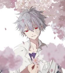 Rule 34 | 1boy, blurry, blurry background, blurry foreground, cherry blossoms, collarbone, colored eyelashes, depth of field, flower, hair between eyes, holding, holding flower, jacket, looking at viewer, male focus, na ta53, nagisa kaworu, neon genesis evangelion, parted lips, petals, red eyes, shirt, smile, solo, white hair, white jacket