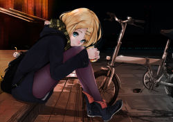 Rule 34 | 1girl, bag, bag charm, bicycle, blonde hair, blue eyes, can, casual, character charm, charm (object), coat, converse, female focus, folding bicycle, from side, hair ornament, hairclip, head rest, hugging own legs, kagamine len, kagamine rin, mille (dieci), mirre, night, outdoors, pantyhose, scarf, short hair, sitting, solo, vocaloid