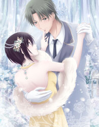 Rule 34 | 1boy, 1girl, asami-ch, black hair, black necktie, breasts, commentary, dancing, dress, english commentary, eye contact, feather boa, finger to another&#039;s mouth, flower, formal, fruits basket, gloves, gold trim, grey eyes, grey suit, hair flower, hair ornament, hetero, highres, looking at another, necktie, short hair, small breasts, souma akito, souma shigure, suit, white gloves, yellow dress