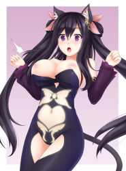 Rule 34 | 1girl, :o, ^^^, animal ears, ariane cevaille (silo9), bare shoulders, black hair, borrowed character, breasts, detached sleeves, hair ornament, highres, large breasts, long hair, navel, nipples, open mouth, original, purple background, purple eyes, ricegnat, simple background, solo, twintails, undersized clothes, very long hair