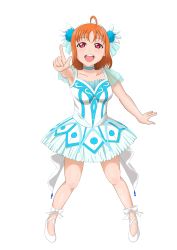 Rule 34 | 1girl, absurdres, ahoge, ankle ribbon, arm up, blue choker, blush, breasts, choker, collarbone, dress, dvermayo, flower, full body, hair flower, hair ornament, highres, leg ribbon, legs apart, looking at viewer, love live!, love live! sunshine!!, medium breasts, open mouth, orange hair, parted bangs, pointing, pointing at viewer, red eyes, ribbon, short hair, simple background, sleeveless, sleeveless dress, solo, standing, takami chika, teeth, transparent background, two-tone dress, upper teeth only, water blue new world, white background, white footwear