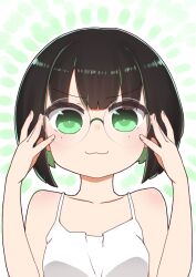 Rule 34 | 1girl, :3, allmind (armored core 6), armored core, armored core 6, bare arms, bare shoulders, black hair, blush, camisole, closed mouth, collarbone, glasses, green eyes, green hair, hands up, highres, i.u.y, looking at viewer, mole, mole under eye, multicolored hair, round eyewear, smile, solo, two-tone hair, upper body, white camisole
