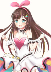 Rule 34 | 1girl, bare shoulders, blue eyes, blush, breasts, brown hair, cleavage, commentary request, dot nose, dress, hairband, highres, kizuna ai, kizuna ai (anniversary), kizuna ai inc., large breasts, long hair, looking at viewer, medium breasts, multicolored hair, neko usagi (nekousagi jpn), open mouth, pink hair, pink hairband, simple background, smile, solo, streaked hair, virtual youtuber, white background, white dress