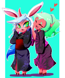 Rule 34 | 10s, alternate costume, animal ears, blue hair, blush, breasts, rabbit ears, colored skin, demon girl, closed eyes, fang, geta, glasses, green eyes, green hair, heart, horns, japanese clothes, kimono, kneesocks (psg), long hair, nabe (ingenmame), new year, open mouth, panty &amp; stocking with garterbelt, pointy ears, ponytail, red skin, scanty (psg), siblings, sisters, sleeves past wrists, small breasts, smile, very long hair