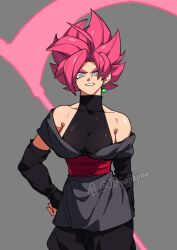 Rule 34 | 1girl, black wristband, breasts, earrings, evil smile, genderswap, genderswap (mtf), goku black, grey eyes, hand on own hip, highres, holding, holding scythe, jewelry, jiajiajiajiaa, looking at viewer, pink hair, potara earrings, scythe, smile, spiked hair, super saiyan, super saiyan rose