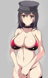 Rule 34 | 10s, 1girl, akitsu maru (kancolle), bare arms, bare shoulders, bikini, black hair, black hat, black ribbon, blush, breasts, choker, closed mouth, collarbone, cowboy shot, eyebrows, front-tie bikini top, front-tie top, grey background, groin, hair between eyes, hat, highres, jewelry, kantai collection, large breasts, looking at viewer, moriya, navel, own hands together, peaked cap, red bikini, red eyes, ribbon, ring, shiny skin, short hair, simple background, smile, solo, standing, stomach, swimsuit, thigh gap, v arms
