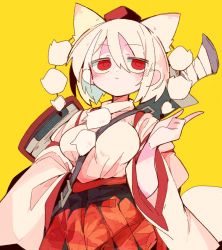 Rule 34 | 1girl, animal ears, between breasts, blush, breasts, hair between eyes, hakama, hakama skirt, hand up, hat, highres, index finger raised, inubashiri momiji, japanese clothes, large breasts, looking at viewer, massakasama, pom pom (clothes), red eyes, red hat, red pupils, red skirt, shield, shirt, shirt tucked in, short hair, shoulder belt, skirt, solo, sword, tokin hat, touhou, upper body, weapon, weapon on back, white hair, white shirt, wide sleeves, wolf ears, wolf girl, yellow background