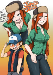 Rule 34 | 1boy, 1girl, absurdres, bent over, blush, breasts, cleavage, collarbone, denim, dipper pines, earrings, embarrassed, english text, flannel, freckles, fur hat, gradient background, gravity falls, grin, hair over one eye, hat, highres, jeans, jewelry, junajuice, long hair, medium breasts, open mouth, orange hair, pants, shiny skin, simple background, smile, teeth, ushanka, wendy corduroy