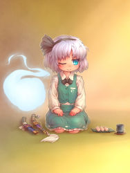 Rule 34 | 1girl, blouse, blue eyes, collared shirt, female focus, food, ghost, hairband, highres, katana, konpaku youmu, konpaku youmu (ghost), one eye closed, sankuma, shirt, short hair, silver hair, solo, sword, touhou, weapon, white shirt, wink, yellow background