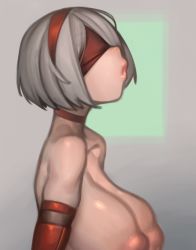 Rule 34 | 1girl, android, bare shoulders, blindfold, breasts, choker, female focus, hairband, highres, huge breasts, kelvin hiu, large areolae, large breasts, lips, nier (series), nier:automata, nude, open mouth, puffy areolae, short hair, simple background, solo, upper body, white hair, 2b (nier:automata)