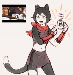 Rule 34 | 1girl, animal ears, animal print, arm guards, armor, black cat, black hair, blush, body fur, cat, cat ears, cat girl, cat print, cat tail, character name, character print, commentary, cowboy shot, crop top, cup, dungeon meshi, english commentary, excited, grey skirt, hands up, happy, highres, holding, holding cup, izutsumi, jiji (majo no takkyuubin), kuuwo, leather armor, majo no tabitabi, midriff, mismatched animal ear colors, mug, navel, open mouth, parody, pointing, print mug, red scarf, scarf, screencap inset, short hair, simple background, skirt, sleeveless, tail, yellow eyes