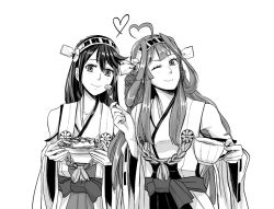 Rule 34 | 10s, 2girls, ahoge, bad id, bad pixiv id, bare shoulders, cake, camel000, cup, detached sleeves, food, fork, greyscale, haruna (kancolle), headgear, japanese clothes, kantai collection, kongou (kancolle), long hair, monochrome, multiple girls, nontraditional miko, smile, teacup