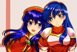 Rule 34 | 2girls, :d, armor, blue eyes, blue hair, blush, breastplate, brooch, caeda (fire emblem), capelet, choker, crossover, eyebrows, eyes visible through hair, female focus, fire emblem, fire emblem: mystery of the emblem, fire emblem: the binding blade, glint, hair between eyes, hat, head tilt, highres, jewelry, leaning, leaning on person, lilina (fire emblem), long hair, looking at another, multiple girls, nintendo, nose, open mouth, pauldrons, pegasus knight uniform (fire emblem), shoulder armor, simple background, sleeves rolled up, smile, uo nu, upper body