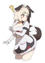 Rule 34 | 1girl, ?, absurdres, animal ears, bell, black hair, collar, dog ears, dog girl, dog tail, dress, elbow gloves, gloves, hachiko of castling, highres, last origin, maid, multicolored hair, neck bell, red eyes, scemonkey, solo, split-color hair, tail, tail wagging, two-tone hair, white background, white gloves, white hair