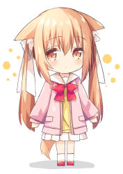 Rule 34 | 1girl, absurdres, animal ear fluff, animal ears, blush, bow, brown eyes, chibi, closed mouth, commentary request, full body, hair between eyes, hair ribbon, highres, jacket, light brown hair, long hair, long sleeves, looking at viewer, miike-chan, nakkar, open clothes, open jacket, original, pink jacket, pleated skirt, red bow, red footwear, ribbon, sailor collar, school uniform, serafuku, shadow, shirt, shoes, skirt, sleeves past wrists, socks, solo, tail, twintails, very long hair, white background, white ribbon, white sailor collar, white skirt, white socks, yellow shirt