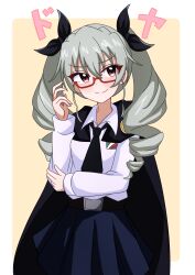 Rule 34 | 1girl, absurdres, anchovy (girls und panzer), anzio school uniform, belt, black belt, black cape, black necktie, black ribbon, cape, closed mouth, commentary, dress shirt, drill hair, emblem, girls und panzer, glasses, green hair, hair ribbon, hand on own ass, highres, long hair, long sleeves, looking at viewer, miniskirt, motti (motthi0711), necktie, pleated skirt, red-framed eyewear, red eyes, ribbon, school uniform, semi-rimless eyewear, shirt, skirt, smile, solo, standing, translated, twin drills, twintails, under-rim eyewear, white shirt, wing collar