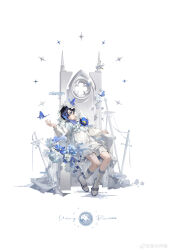 Rule 34 | 1girl, absurdres, arch, artist logo, artist name, black hair, blue butterfly, blue eyes, blue flower, bone, boots, branch, bug, butterfly, chair, chinese commentary, closed mouth, commission, diamond (shape), dress, flower, hair over one eye, head tilt, headdress, highres, insect, long sleeves, looking at viewer, original, planted, planted sword, planted weapon, short hair, simple background, sitting, solo, sword, thigh strap, udong rice, watermark, weapon, weibo logo, weibo watermark, white background, white dress, white flower