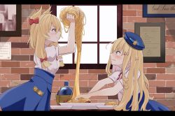Rule 34 | 2girls, absurdres, azur lane, beret, blonde hair, blue eyes, blue skirt, blush, bottle, bow, brick wall, buttons, castle of cagliostro, closed mouth, collared shirt, commentary request, food, frown, hair bow, hat, high-waist skirt, highres, indoors, letterboxed, looking at another, lupin iii, multiple girls, neck ribbon, official alternate costume, pasta, pink bow, plate, purple eyes, queen elizabeth (azur lane), queen elizabeth (queen of the campus) (azur lane), red bow, red ribbon, ribbon, scene reference, shirt, short sleeves, skirt, smile, spaghetti, tearing up, warspite (azur lane), wavy mouth, white shirt, window, yomare