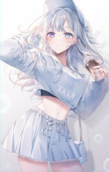 Rule 34 | 1girl, absurdres, arm behind head, arm up, artist name, bag, baseball cap, blue eyes, blush, breasts, commentary request, cup, disposable cup, drinking straw, earrings, gradient background, grey background, grey hair, grey hat, grey shirt, grey skirt, hat, heterochromia, highres, holding, holding cup, jewelry, long hair, looking at viewer, medium breasts, navel, original, parted lips, pleated skirt, purple eyes, shirt, shoulder bag, signature, skirt, solo, standing, stud earrings, taya oco, very long hair, white background