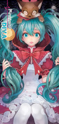 Rule 34 | 1girl, aqua eyes, aqua hair, bad id, bad pixiv id, cocorip, cosplay, dress, hatsune miku, little red riding hood, little red riding hood (grimm), little red riding hood (grimm) (cosplay), littlevein89, long hair, pantyhose, project diva, project diva (series), project diva 2nd, sitting, solo, twintails, vocaloid, white pantyhose