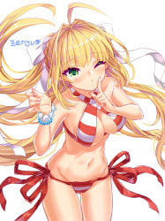Rule 34 | 1girl, ahoge, bikini, blush, bow, bracelet, breasts, cleavage, closed eyes, fate/grand order, fate (series), finger to mouth, hair bow, hair intakes, halterneck, jewelry, large breasts, long hair, looking at viewer, navel, nero claudius (fate), nero claudius (fate) (all), nero claudius (swimsuit caster) (fate), nero claudius (swimsuit caster) (third ascension) (fate), one eye closed, red bikini, side-tie bikini bottom, smile, solo, swimsuit, twintails, white bow, zenyu