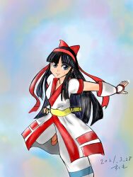 Rule 34 | 1girl, ainu clothes, arm up, artist name, black hair, blue eyes, breasts, fingerless gloves, gloves, hair ribbon, highres, leg up, legs, long hair, looking at viewer, medium breasts, nakoruru, ribbon, samurai spirits, smile, snk, solo, the king of fighters, thighs, weapon