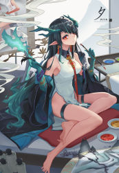 Rule 34 | 1girl, aqua gloves, arknights, bare legs, barefoot, bead bracelet, beads, black coat, black hair, bracelet, calligraphy brush, character name, china dress, chinese clothes, coat, dragon girl, dragon horns, dragon tail, dress, dusk (arknights), feet, gloves, gradient skin, green gloves, highres, horns, jewelry, leg tattoo, licking tail, long hair, looking at viewer, no panties, off shoulder, open clothes, open coat, paintbrush, pelvic curtain, pointy ears, red eyes, red neckwear, short dress, side slit, sima naoteng, tail, tattoo, thigh strap