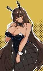 Rule 34 | 1girl, 2024, animal ears, black leotard, blush, breasts, brown hair, bursting breasts, cain lk, cleavage, commentary, covered navel, curvy, detached collar, fake animal ears, female focus, fishnet pantyhose, fishnets, goddess of victory: nikke, hair between eyes, hair over shoulder, highleg, highleg leotard, highres, large breasts, leotard, long hair, noir (nikke), nose blush, pantyhose, patterned background, playboy bunny, plump, pointing, pointing at self, rabbit ears, shiny skin, sidelocks, simple background, skindentation, smile, solo, standing, strapless, strapless leotard, thick thighs, thighs, very long hair, wide hips, wrist cuffs, yellow background, yellow eyes