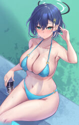 Rule 34 | 1girl, absurdres, aqua bikini, arm up, bikini, blue archive, blue hair, breasts, can, chihiro (blue archive), cleavage, coffee, collarbone, green eyes, hair ornament, hairclip, halo, highres, holding, holding can, large breasts, looking at viewer, multicolored hair, navel, neko punch (user hddm3373), poolside, short hair, sitting, solo, stomach, streaked hair, swimsuit, wading, water, wet