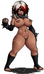 Rule 34 | 1girl, abs, animated, animated gif, bandaged arm, bandaged leg, bandages, barbell piercing, barefoot, bouncing breasts, bracelet, breasts, cleft of venus, collar, completely nude, darkest dungeon, detached collar, facial scar, fighting stance, flagellant (darkest dungeon), full body, genderswap, grin, jewelry, large breasts, lowres, medium hair, metal collar, multicolored hair, navel, nipple piercing, nipples, no bra, no panties, nude, nude mod, one eye covered, open mouth, piercing, pussy, red eyes, red hair, scar, scar on arm, scar on breasts, scar on cheek, scar on chest, scar on face, scar on leg, scar on stomach, shadow, smile, solo, spiked bracelet, spiked collar, spiked nipple piercing, spikes, standing, thick thighs, thighs, torn clothes, transparent background, two-tone hair, uncensored, video game, white hair, xelsword