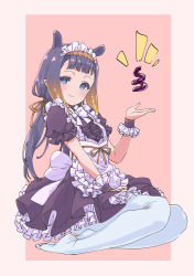 Rule 34 | 1girl, alternate costume, animal ears, apron, blue eyes, blush, bow, bowtie, closed mouth, commentary, dress, enmaided, eyelashes, flat chest, frilled dress, frills, fukuda keita, full body, gradient hair, hair ribbon, hairband, highres, hololive, hololive english, large bow, long hair, looking at viewer, maid, maid apron, maid headdress, mole, mole under eye, multicolored hair, ninomae ina&#039;nis, open hand, orange hair, orange ribbon, pantyhose, pink background, pointy ears, purple dress, purple hair, ribbon, simple background, sitting, smile, solo, tentacle hair, twintails, two-tone hair, virtual youtuber, white bow, white bowtie, white pantyhose, wrist cuffs, yokozuwari