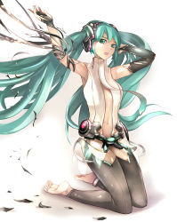 Rule 34 | 1girl, anklet, aqua eyes, aqua hair, armpits, bare shoulders, barefoot, detached sleeves, feet, full body, hatsune miku, hatsune miku (append), jewelry, kneeling, legs, long hair, looking at viewer, md5 mismatch, navel, resolution mismatch, simple background, soles, solo, source smaller, suoni (deeperocean), toeless legwear, toes, torn clothes, very long hair, vocaloid, vocaloid append, white background