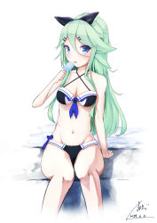 Rule 34 | 10s, 1girl, 2017, absurdres, adapted costume, bad id, bad pixiv id, bikini, black bikini, blue eyes, dated, food, green hair, hair between eyes, hair ornament, hair ribbon, hairclip, highres, kantai collection, long hair, looking at viewer, mayogii, parted bangs, ponytail, popsicle, ribbon, sidelocks, signature, sitting, solo, swimsuit, yamakaze (kancolle)