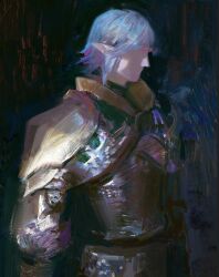 Rule 34 | 1boy, abstract background, armor, black background, blue hair, breastplate, closed mouth, commentary, elf, english commentary, faceless, faceless male, faux traditional media, final fantasy, final fantasy xiv, from side, green trim, haurchefant greystone, highres, knight, male focus, multicolored hair, pauldrons, pointy ears, profile, short hair, shoulder armor, solo, upper body, white hair, yuming li