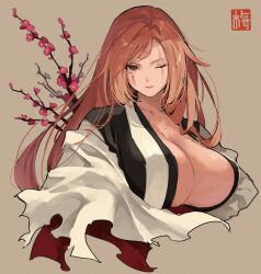 Rule 34 | 1girl, baiken, breasts, cleavage, guilty gear, jako (toyprn), japanese clothes, kimono, large breasts, long hair, red eyes, red hair, scar, scar across eye, solo, torn clothes