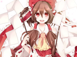Rule 34 | 1girl, ascot, bad id, bad pixiv id, bare shoulders, bow, brown hair, detached sleeves, female focus, gohei, hair bow, hair ornament, hair tubes, hakurei reimu, hanasaki mahiru, holding, japanese clothes, long hair, miko, open mouth, red eyes, simple background, smile, solo, touhou, upper body, white background