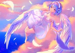 Rule 34 | 1girl, angel wings, arm up, bare arms, bare legs, bare shoulders, barefoot, blue hair, breasts, cleavage, closed mouth, collarbone, dress, eyelashes, feathered wings, feathers, flying, from above, full body, gradient hair, hand in own hair, headphones, hyanna-natsu, looking at viewer, looking up, matching hair/eyes, multicolored hair, off shoulder, orange eyes, orange hair, original, outdoors, ribbon, short hair, sleeveless, sleeveless dress, smile, solo, strap slip, sundress, tareme, white dress, white feathers, white ribbon, white wings, wings
