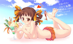 Rule 34 | 00s, 1girl, bikini, breast press, breasts, brown eyes, brown hair, cloud, day, drill hair, food, heart, ice cream, kisairo kaede, large breasts, looking at viewer, lying, maria-sama ga miteru, matsudaira touko, on stomach, outdoors, shoes, single shoe, sky, solo, sundae, swimsuit, topfreedom, topless, translation request, twin drills, wafer stick