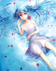 Rule 34 | 1girl, aisusuki, bad id, bad pixiv id, blue eyes, blue hair, dress, flower, flower in mouth, hatsune miku, long hair, matching hair/eyes, mouth hold, petals, solo, twintails, vocaloid