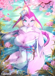 Rule 34 | 1girl, :3, alternate color, animal feet, animal nose, artist name, barefoot, blue eyes, blue flower, blue kimono, breasts, cattail, cetacean tail, cherry blossoms, cleavage, colored skin, creatures (company), day, fang, female focus, fins, fish girl, fish tail, floral print, flower, furry, furry female, game freak, gen 1 pokemon, goldeen, grass, hair flower, hair ornament, hand to own mouth, hand up, happy, head fins, highres, japanese clothes, kimono, large breasts, light rays, lily pad, long sleeves, looking at viewer, lotus, nintendo, no panties, obi, off shoulder, open mouth, outdoors, partially submerged, personification, pink flower, pink skin, plant, pokemon, pokemon (creature), sash, shiny pokemon, sitting, smile, solo, sunlight, tail, teranen, thick thighs, thighs, twitter username, vaporeon, wariza, water, watermark, wide sleeves