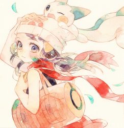 Rule 34 | 1girl, bag, bare arms, beanie, blush, closed mouth, creatures (company), dawn (pokemon), duffel bag, eyelashes, falling leaves, floating hair, floating scarf, game freak, gen 4 pokemon, grey eyes, hair ornament, hairclip, hand on own head, hat, highres, leaf, looking at viewer, looking back, nintendo, oharu-chan, on head, orange bag, pachirisu, pokemon, pokemon (creature), pokemon dppt, pokemon on head, red scarf, scarf, white headwear