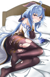 Rule 34 | 1girl, absurdres, ahoge, ass, bare shoulders, bed, bell, black gloves, black pantyhose, blue hair, blush, bodystocking, bodysuit, bow, breasts, cameltoe, cum, cum on ass, cum on clothes, cum on legs, detached sleeves, feet, ganyu (genshin impact), genshin impact, gloves, gold trim, highres, horns, legs, long hair, looking at viewer, low ponytail, lying, medium breasts, neck bell, no shoes, nose blush, on side, open mouth, pantyhose, pillow, purple eyes, shinono felca, sidelocks, solo, thighlet, thighs, toes, torn clothes, torn pantyhose, white sleeves