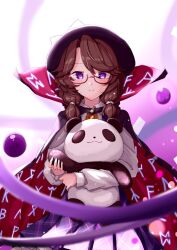 Rule 34 | 1girl, brown hair, cape, cloak, closed mouth, clothes writing, commentary, commentary request, english commentary, high collar, highres, holding, holding stuffed toy, low twintails, medium hair, hugging object, purple eyes, purple skirt, purple vest, red-framed eyewear, red cape, runes, semi-rimless eyewear, skirt, smile, solo, stuffed animal, stuffed panda, stuffed toy, t-hou, touhou, twintails, usami sumireko, vest, waving arm