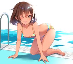 Rule 34 | 10s, 1girl, ;d, absurdres, all fours, arm support, bad id, bad pixiv id, bare arms, bare legs, bare shoulders, barefoot, bikini, blush, breasts, brown eyes, brown hair, collarbone, commentary request, drain (object), dripping, hair between eyes, hair ornament, hairclip, highres, ikazuchi (kancolle), kantai collection, looking at viewer, multicolored bikini, multicolored clothes, multicolored stripes, one eye closed, open mouth, pool, pool ladder, poolside, short hair, small breasts, smile, solo, striped bikini, striped clothes, suruga (xsurugax), swimsuit, tareme, water, water drop, wet, wet hair