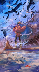Rule 34 | 1girl, bird, blue hair, cloud, dragon, eastern dragon, highres, long hair, oca, pixiv fantasia, pixiv fantasia sword regalia, reflection, solo